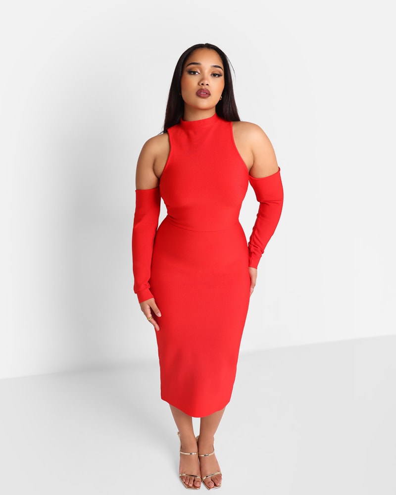 Front of a model wearing a size 5x Rebdolls Women's Roma Bandage Cold Shoulder Midi Bodycon Dress in Red by Rebdolls. | dia_product_style_image_id:327804
